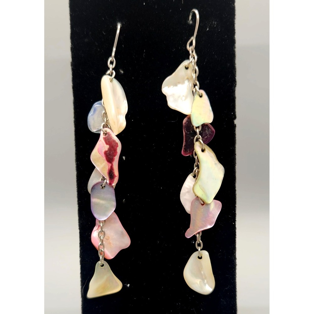 Iridescent Multicolor Abalone Shell Chips Dangle Earrings Silver 2.25"